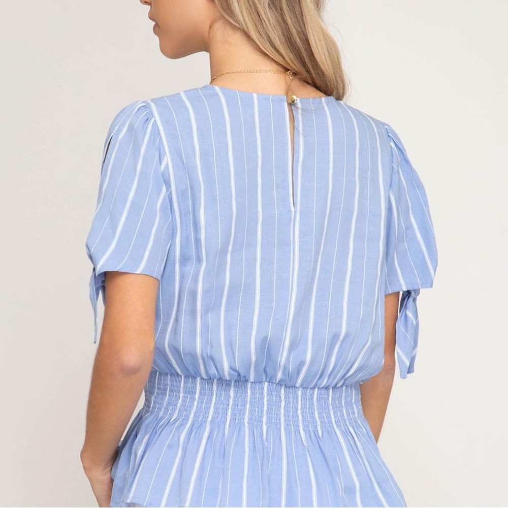 She + Sky Blue and White Striped Cold Shoulder Blouse - Picture 5 of 8